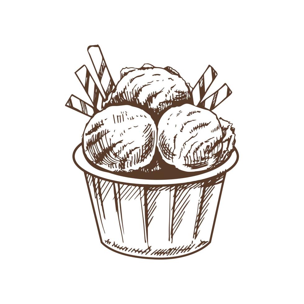 A hand-drawn sketch of an ice cream balls in a cup. Vintage illustration. Element for the design of labels, packaging and postcards. vector