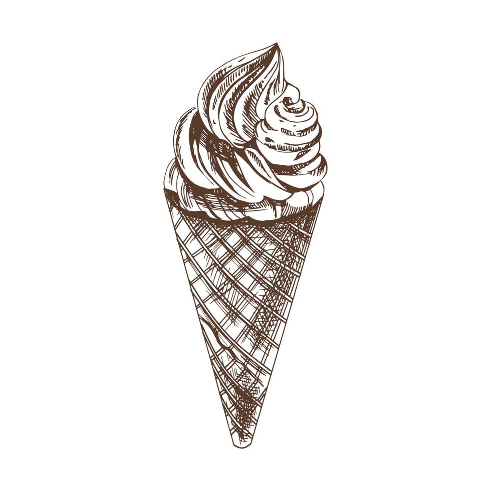 un dibujado a mano bosquejo de un gofre cono con congelado yogur o suave hielo crema. Clásico ilustración. elemento para el diseño de etiquetas, embalaje y postales vector