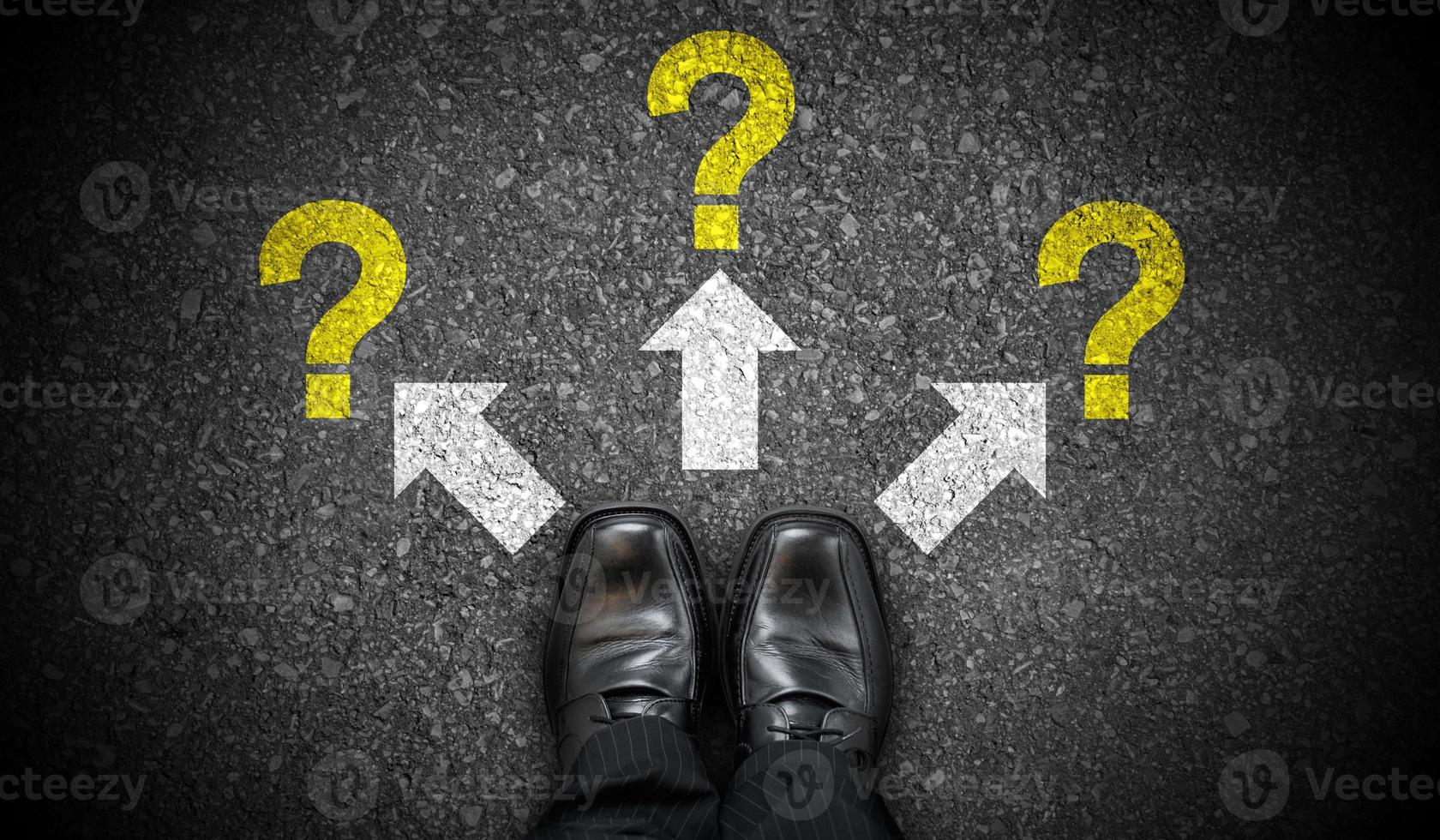 Black Business Shoes, Three Arrows and Question Marks - Problem Concept photo