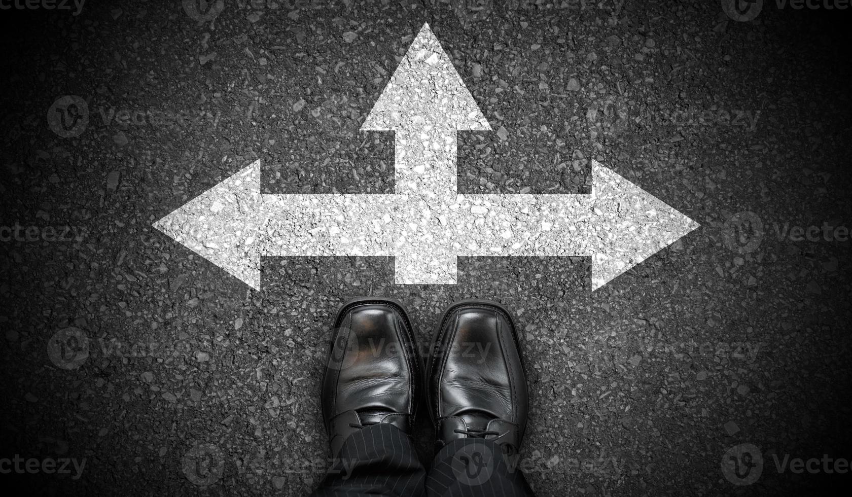 Black Business Shoes and Chalky Arrows in Three Directions on Asphalt - Choice Concept photo