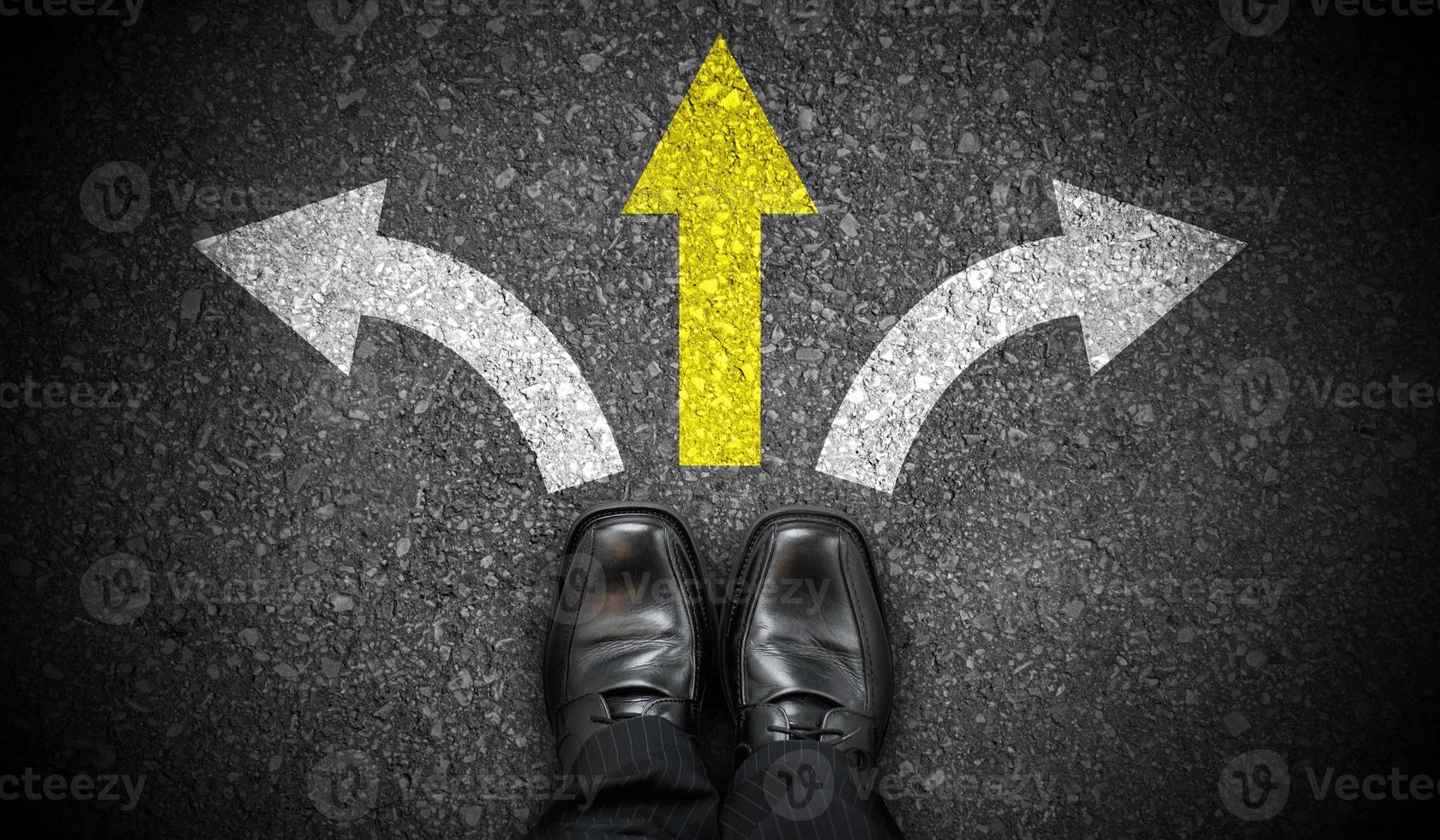 Black Business Shoes and Three Chalky Arrows on Asphalt - Choice Concept photo