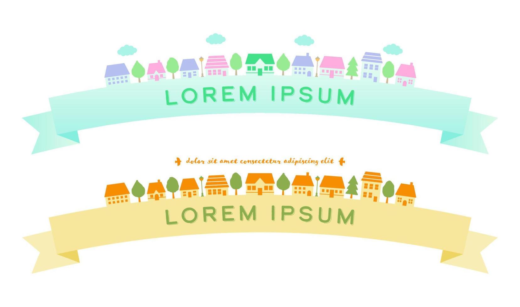 Cute houses with ribbon banner. Vector illustration for your design.