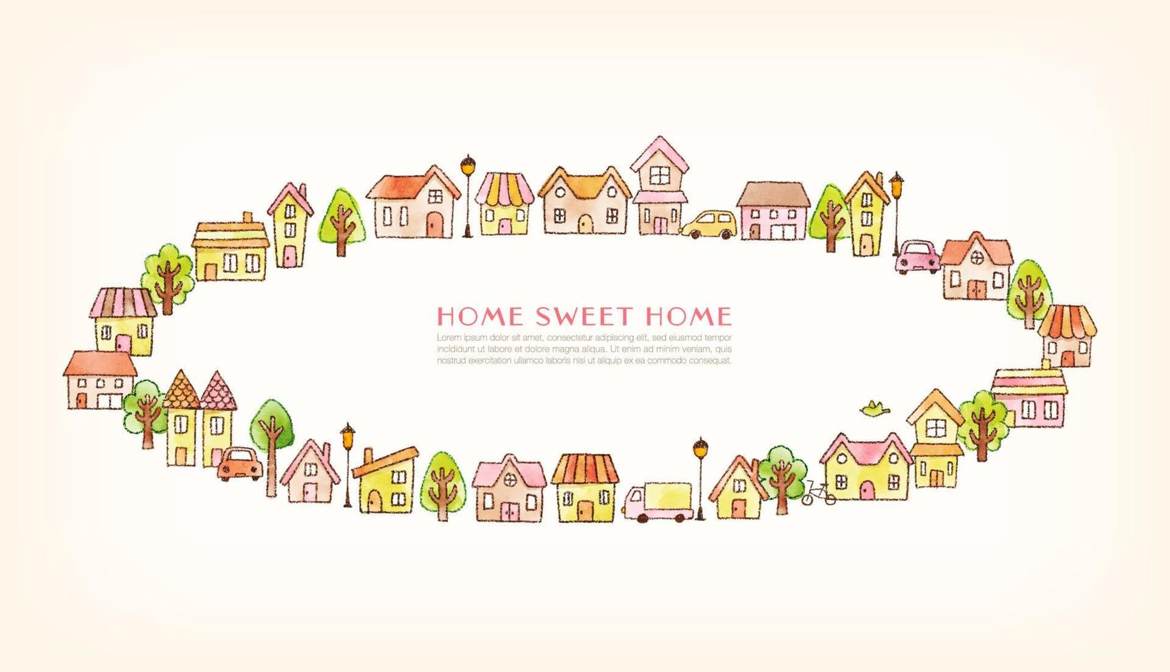 Watercolor vector illustration of a round frame with houses, trees and plants -pink and orange