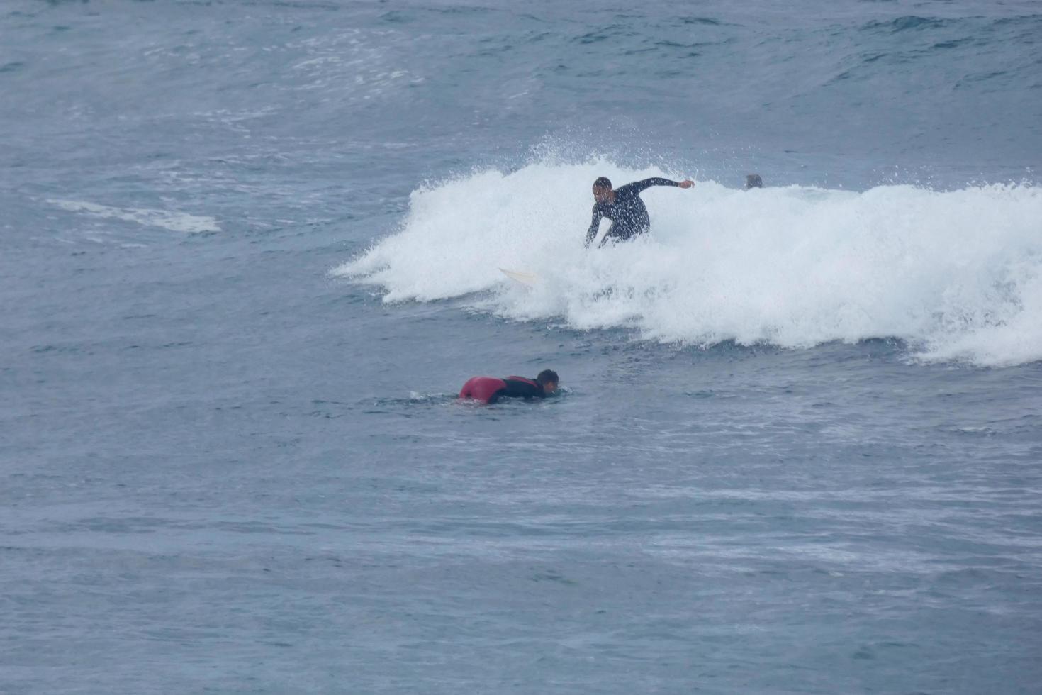 Surfers riding small ocean waves photo