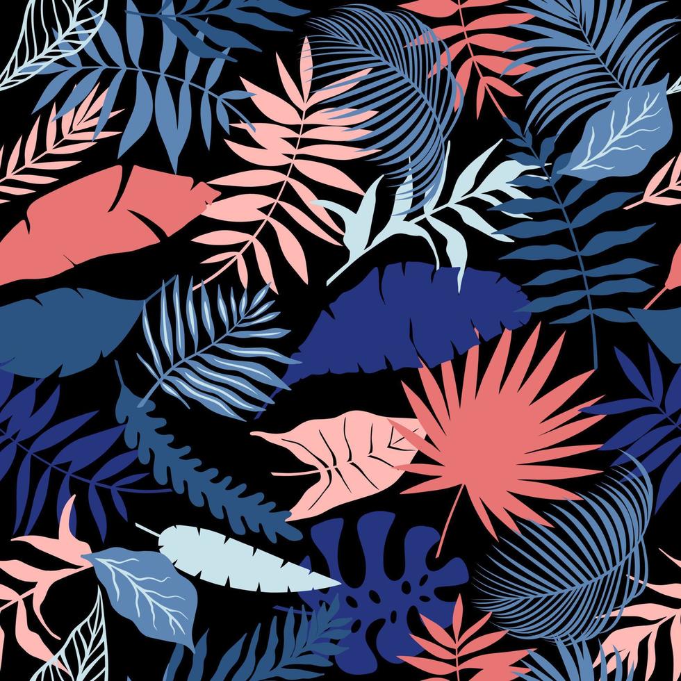 Bright tropical leaves vector. Seamless palm leaves on black background. vector