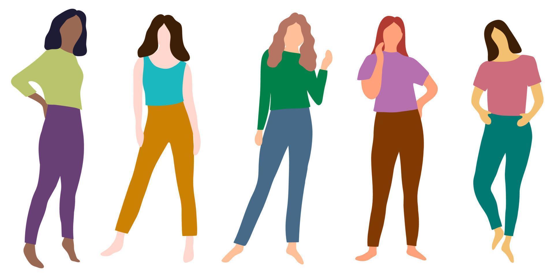 Set women of different races and ethnicities stand side by side together. Flat vector illustration isolated on white background