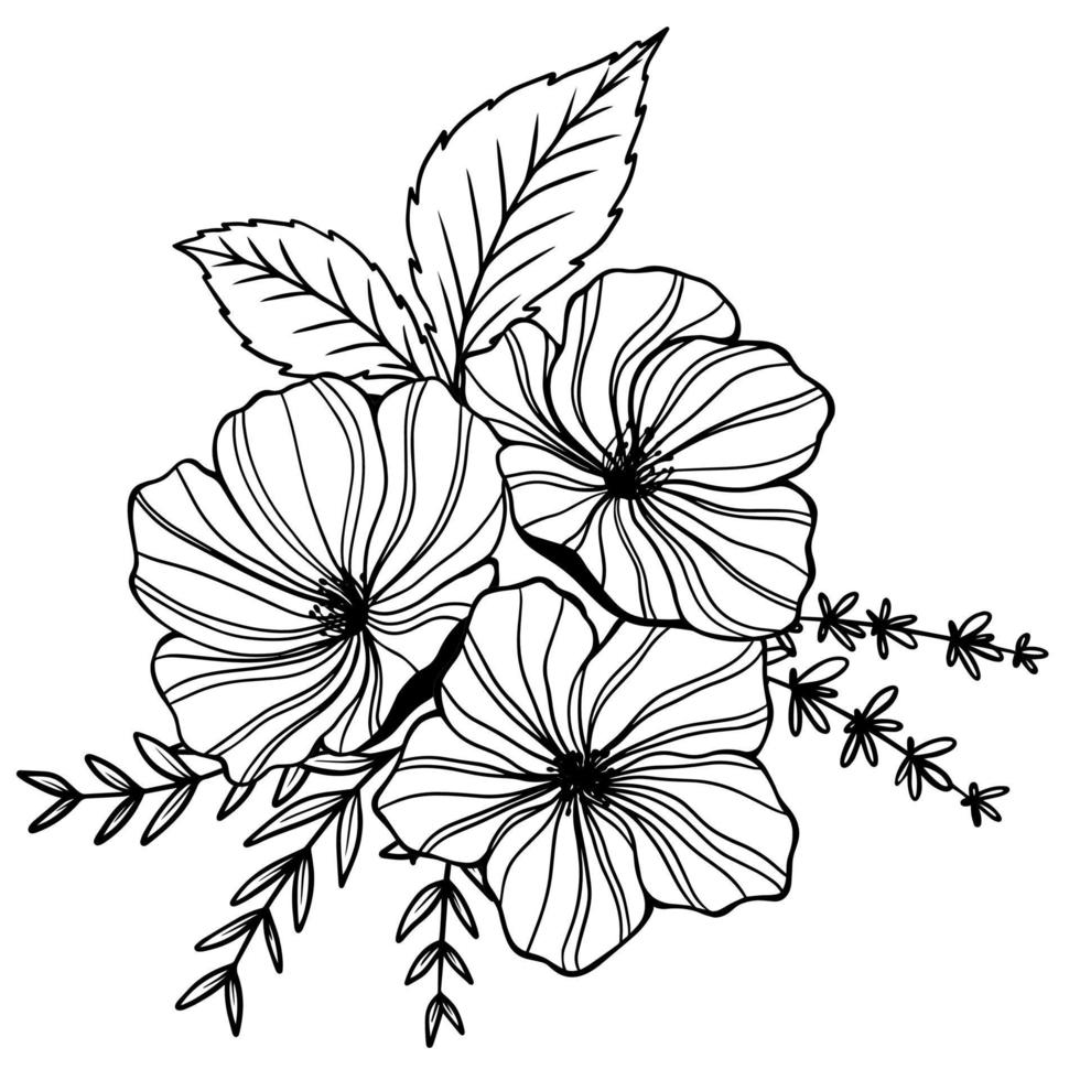Flowers and leaves drawing and sketch with line-art vector