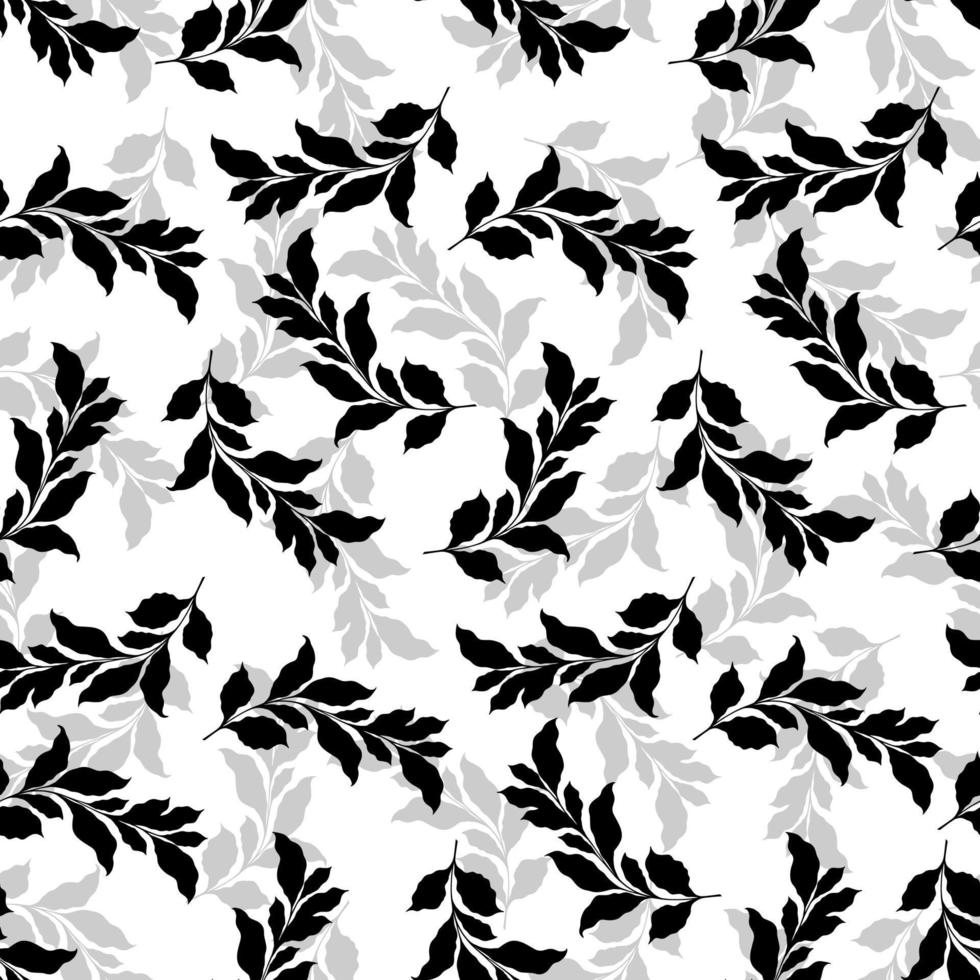 resumen floral gráfico sin costura modelo en negro y blanco colores. leña menuda con hojas siluetas antecedentes. ilustración para fondo de pantalla, envase, textil vector