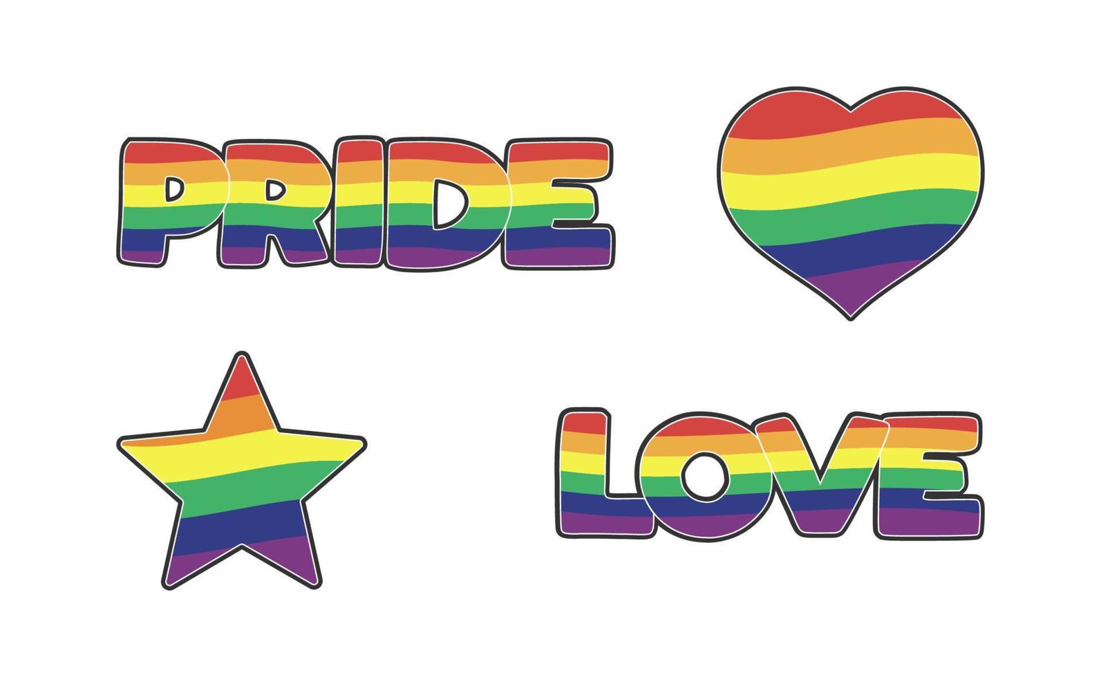 Set of LGBTQ community stickers with flag, star and heart shapes with rainbow colors. Pride month symbols and slogan. Gay parade icons. vector