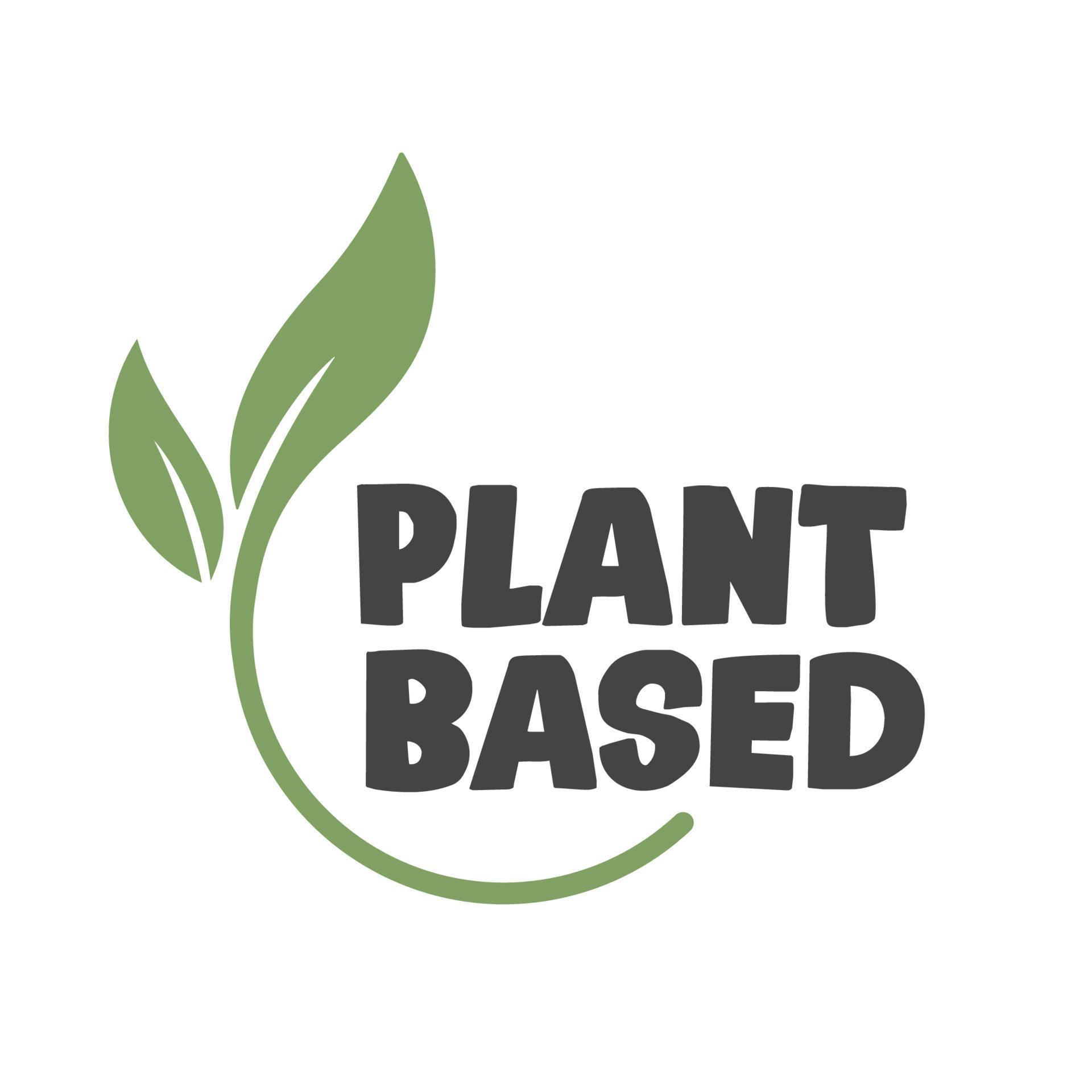 Plant based label. Text inside a circle with leaves around. Vegan