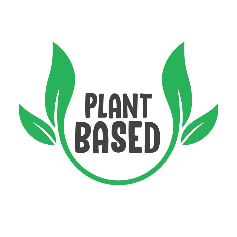 Plant based label. Text inside a circle with leaves around. Vegan friendly badge. vector