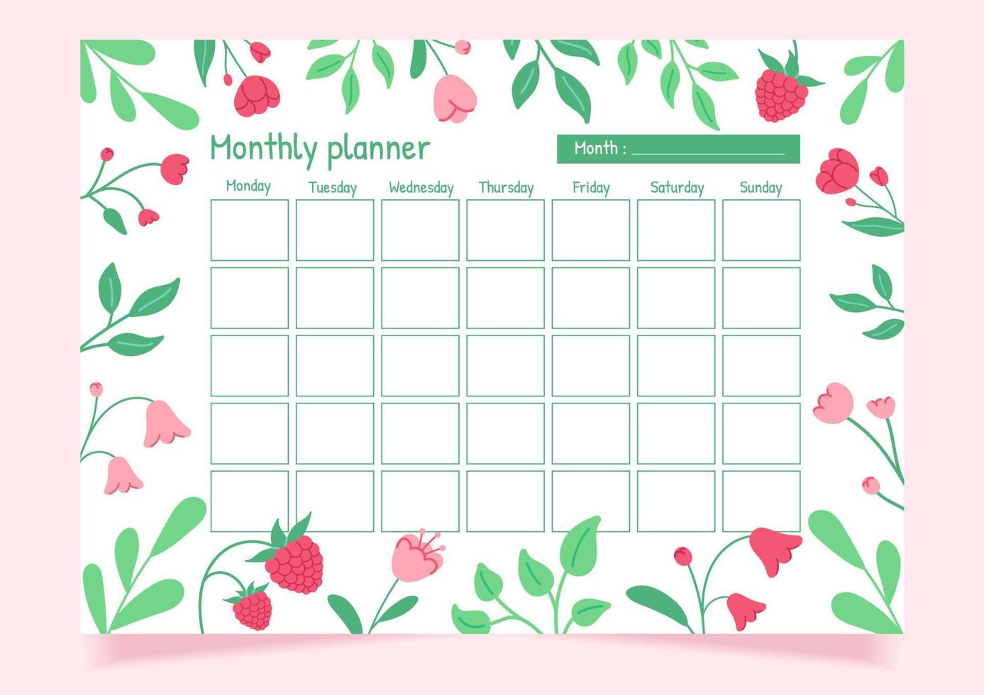 Flower monthly planner template. Minimalistic flat planner. vector