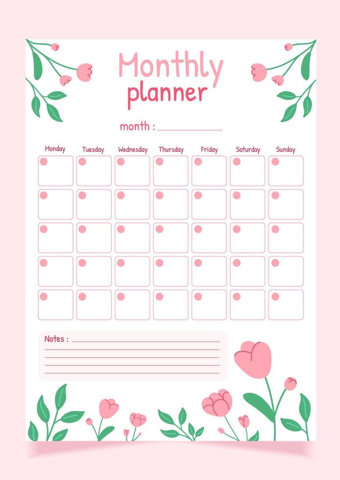 Hand drawn vertical planner template. Monthly planner on a white background with floral elements. vector