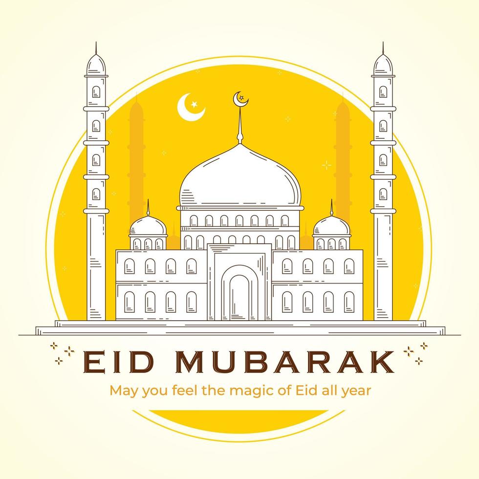 Eid mubarak stylish typography with moon and mosque lineart vector illustration