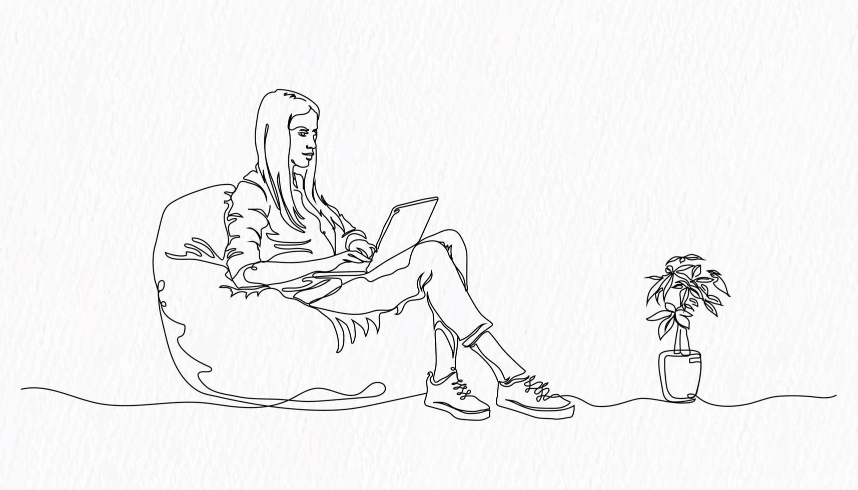 A line drawing of a woman using a laptop sitting on a bean bag. vector