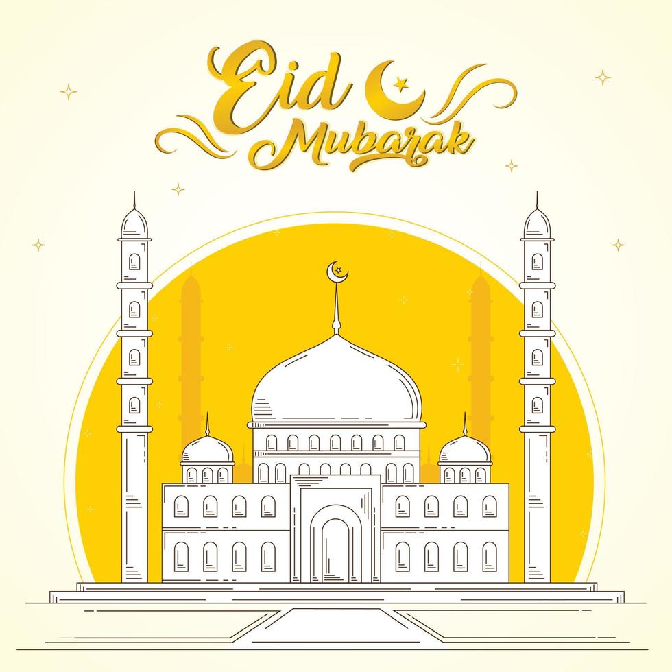 An illustration of a mosque with a yellow background and the words eid mubarak on it vector