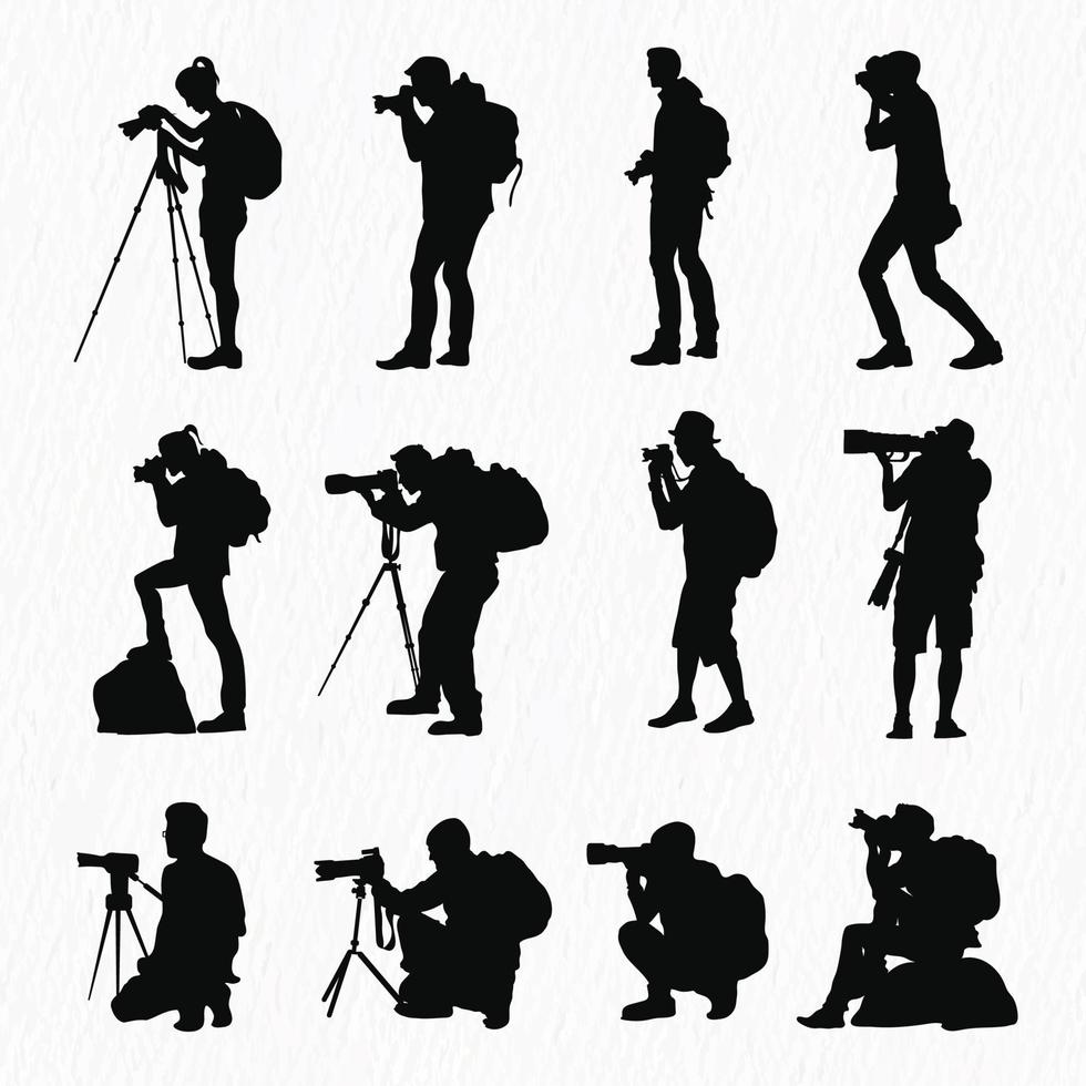 Vector vector silhouettes set of photographers. capturing images with a camera isolated on white background.