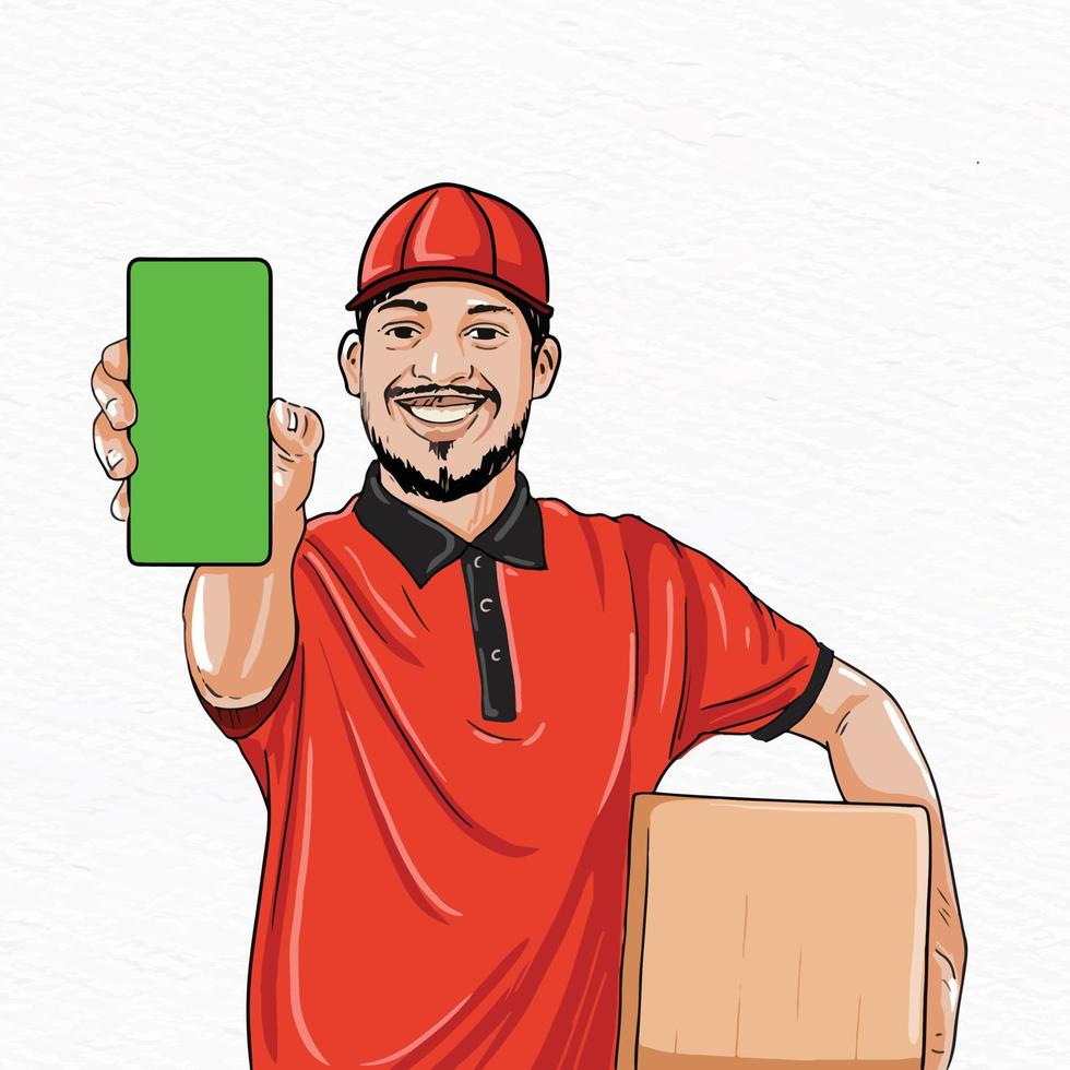 A delivery man in red shirt and red cap holding a phone with green screen and a parcel brown box. vector