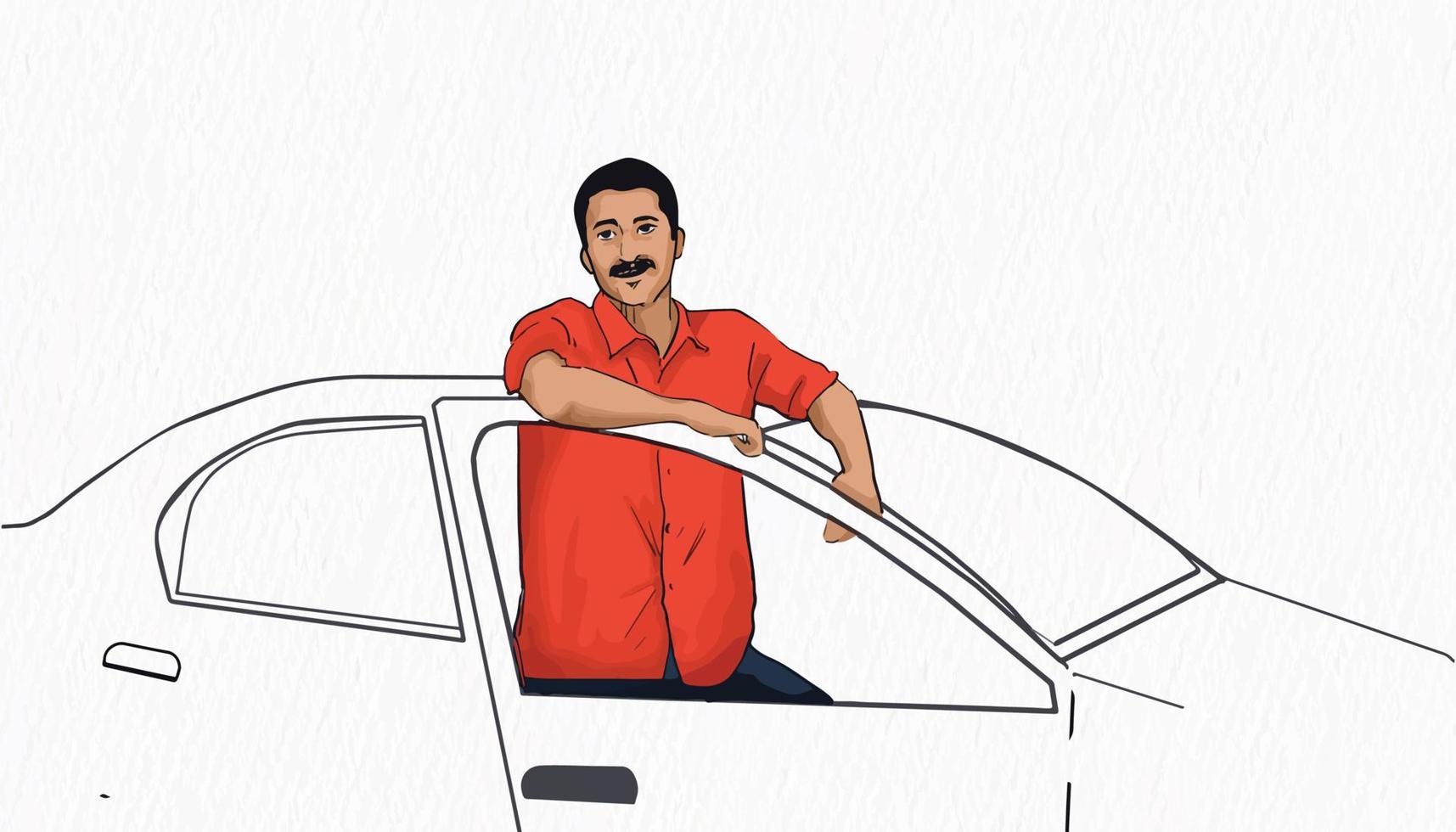 A man in a red shirt is standing in a car and is smiling line drawing and illustration vector