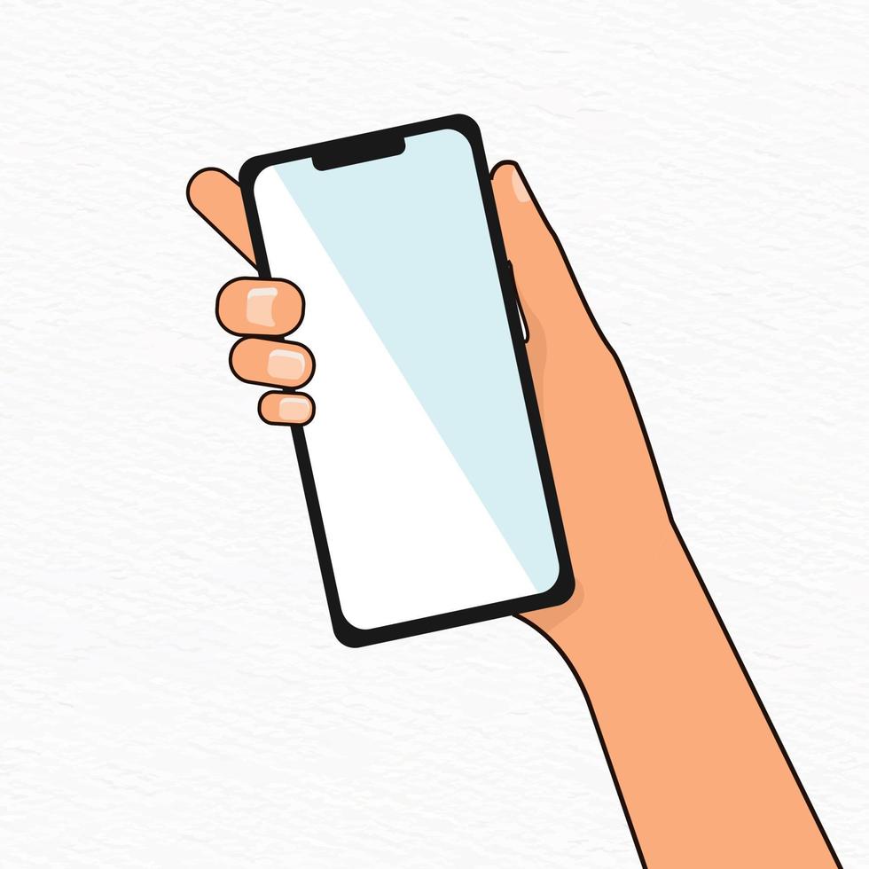 A hand holding a smart phone with a blank screen. vector