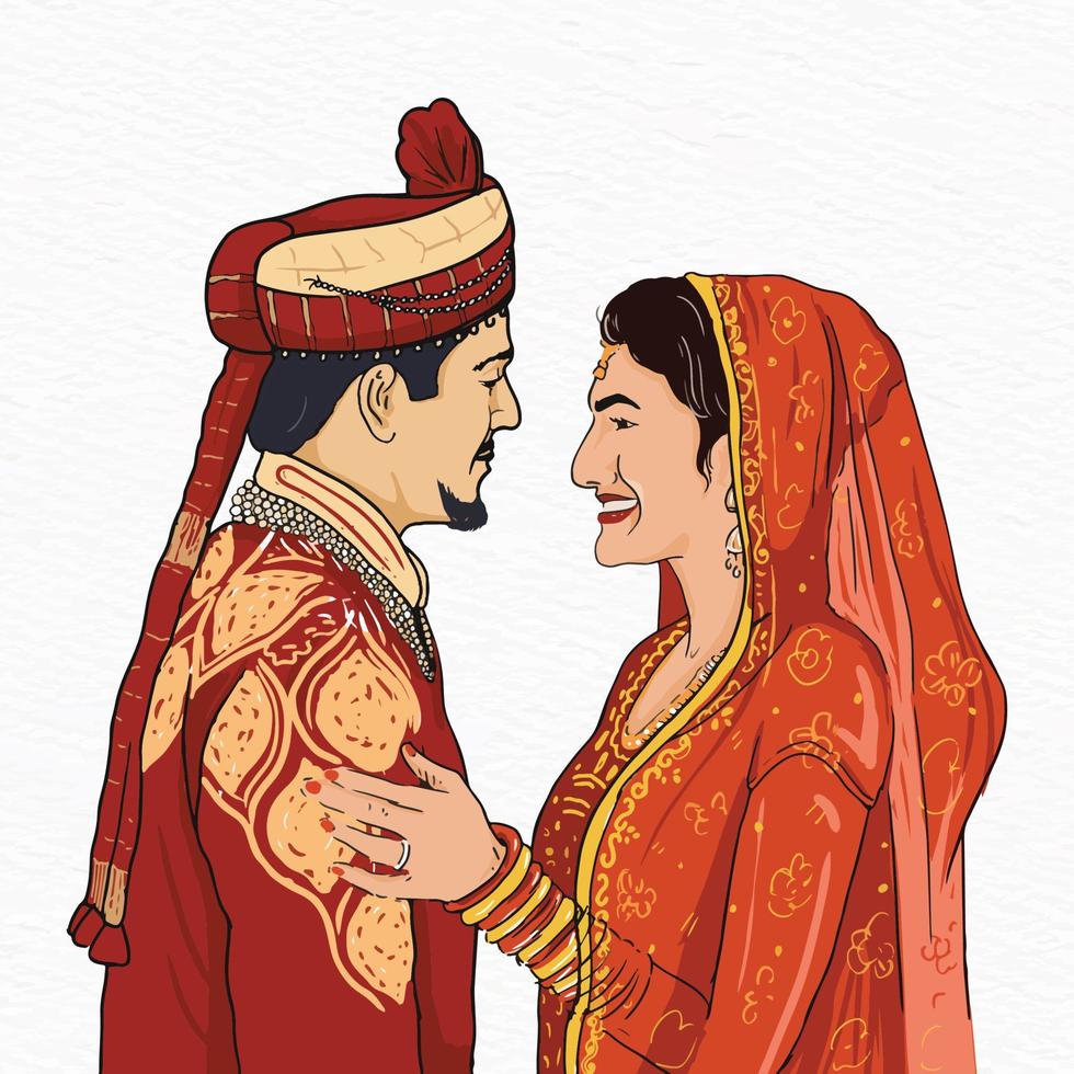 A cartoon of an indian mariied couple in traditional dress for weddeing looking att each other vector