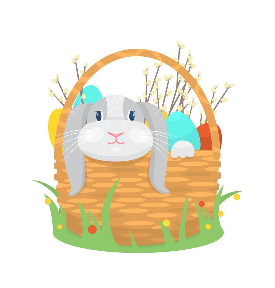 Cute Easter bunny sitting in a basket with Easter eggs and willow branches isolated. vector