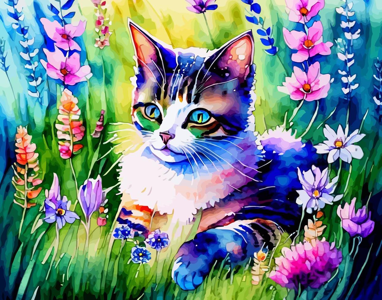 Relaxing in the Garden Watercolor Cat vector