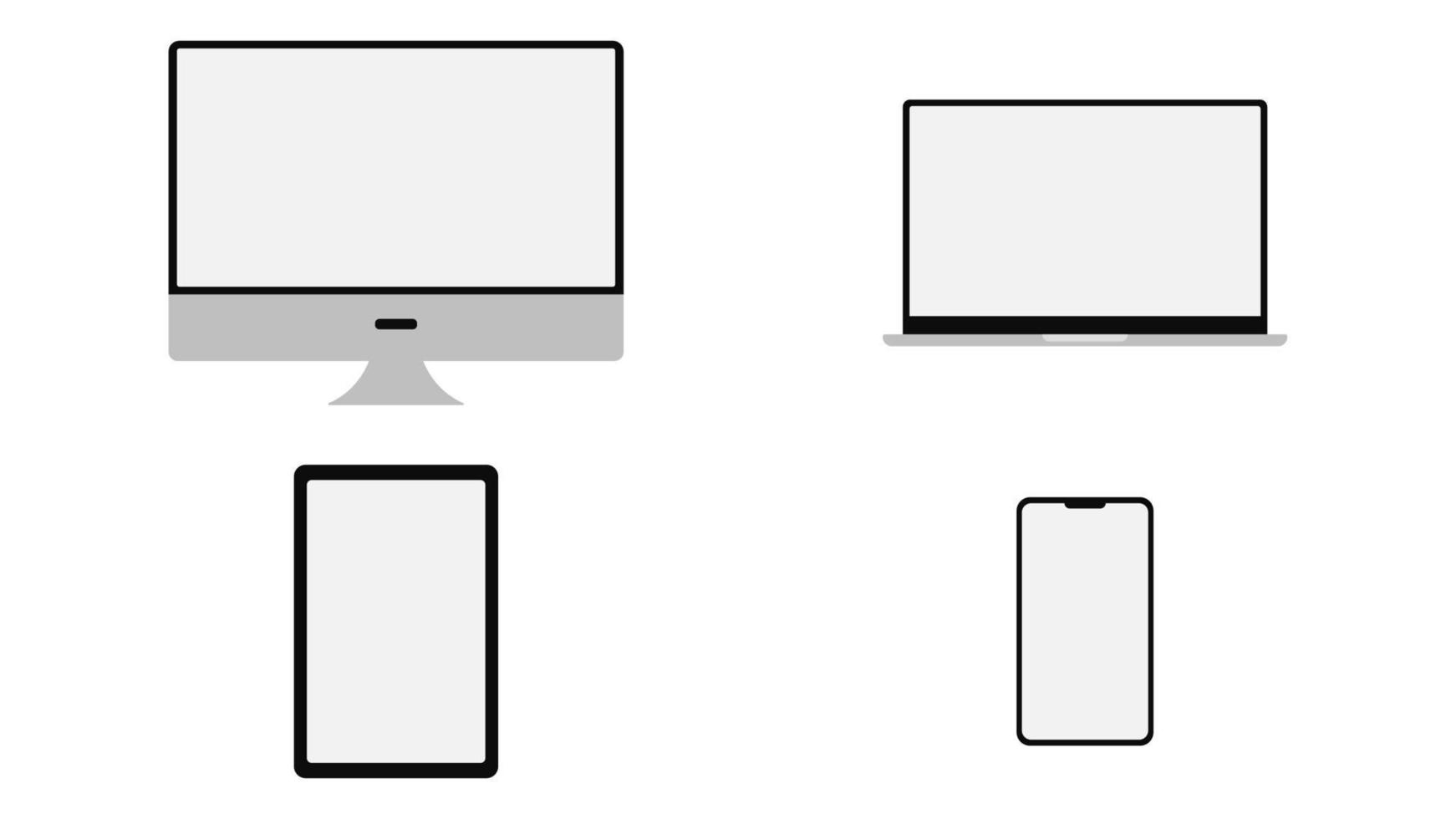 Monitor, laptop, smartphone and tablet with blank screen on white background. Device mockup design. Vector illustration.