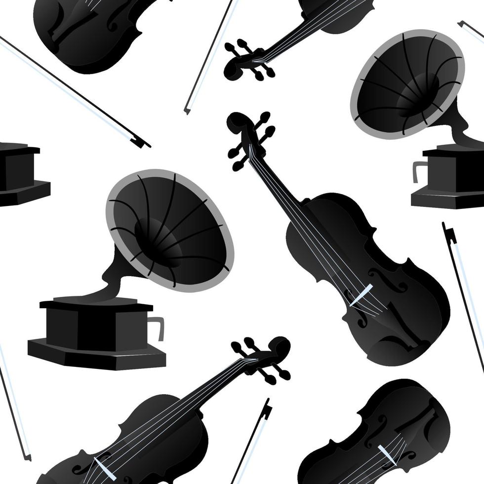 clásico violín y arco mano dibujado vector ilustración en plano estilo. musical instrumentos sin costura modelo para tela o fondo de pantalla