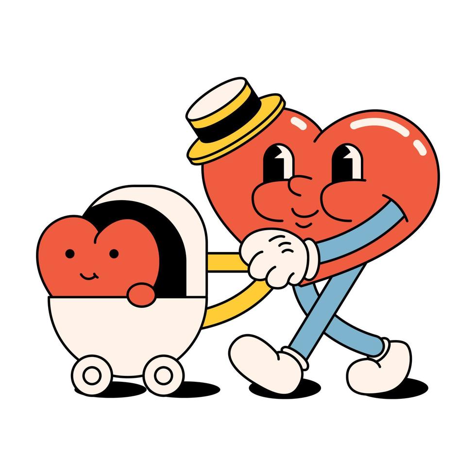 gracioso contento dibujos animados corazón con un bebé en un paseante. en el estilo de el años 60, años 70 positivo y bueno vibraciones vector