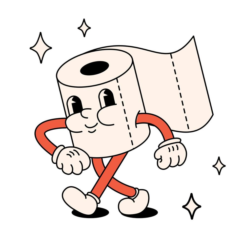 Funny happy cartoon toilet paper roll. The style of the 60s, 70s. Positive and good vibes vector