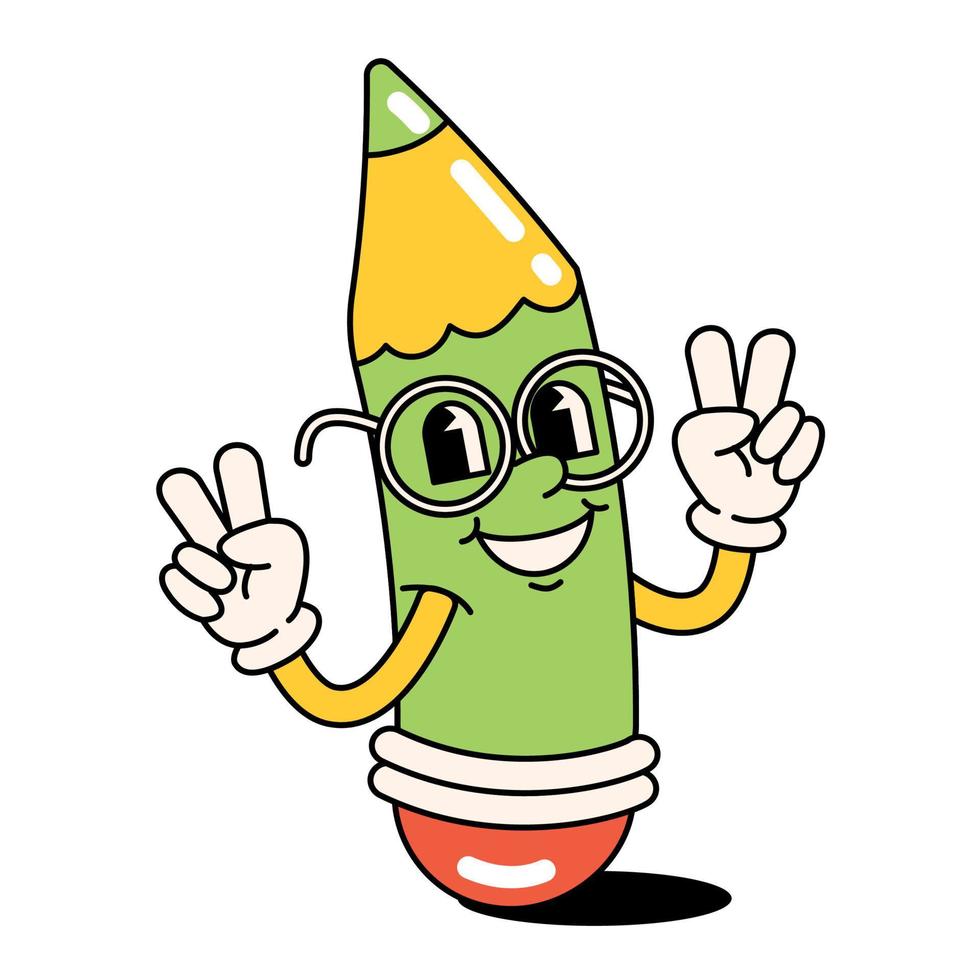 Funny happy cartoon Pencil with glasses. The style of the 60s, 70s. Positive and good vibes vector