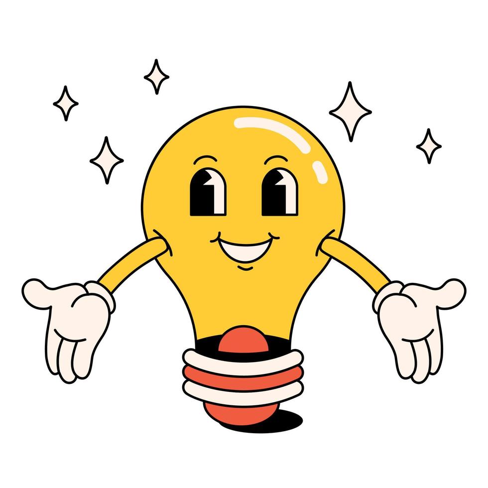 Funny happy cartoon light bulb. a new good idea. The style of the 60s, 70s. Positive and good vibes vector