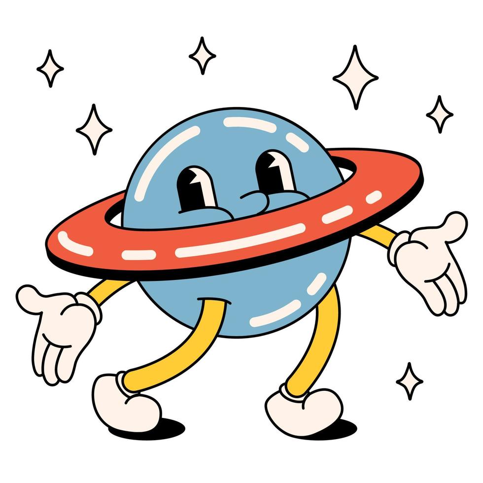 Funny happy cartoon planet saturn. A children's character in the style of the 60s, 70s. Positive and good vibes vector