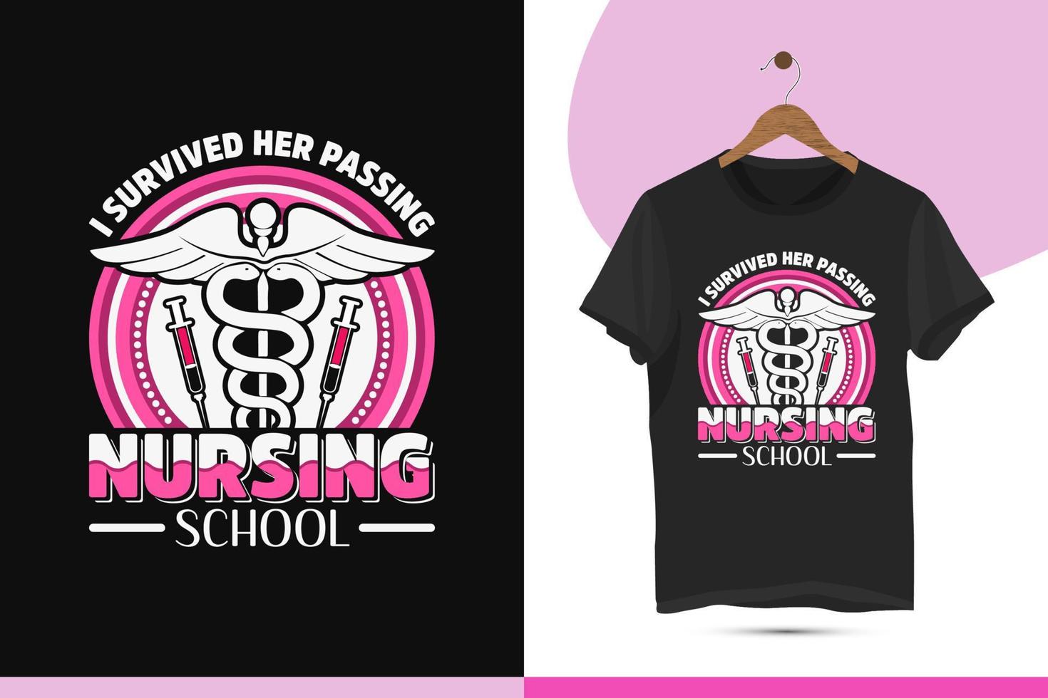 mejor único enfermería camiseta diseño modelo. vector Arte con un caduceo, inyección, hospital, y médico para impresión en el camisa. diseño citar yo sobrevivió su paso enfermería escuela.