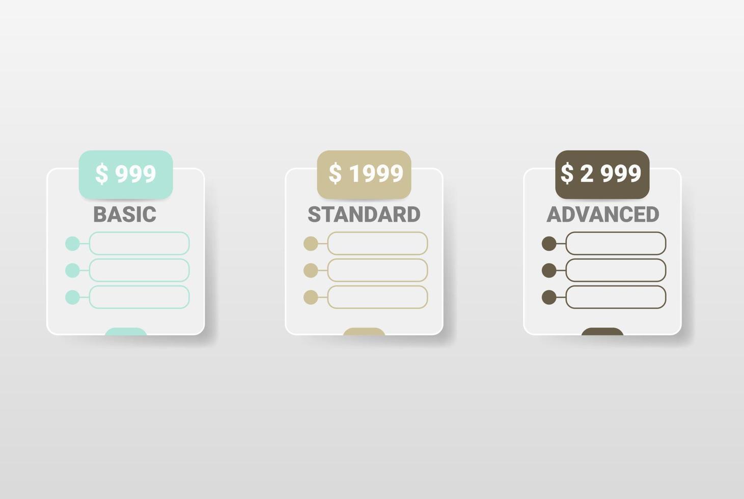 Product comparison table. Price table concept. Collection of pricing plans for websites and applications.  Pricing or subscription plan web elements. vector