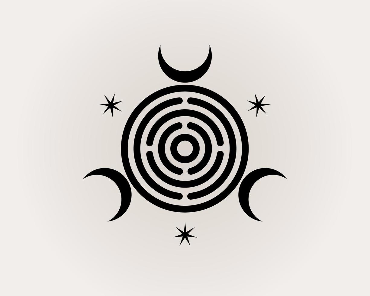 Sacred Geometry, triple Goddess of Witchcraft Spiritual Greco Roman. Witch Wicca Sigil, Mystical labyrinth, triple crescent moon, black logo design vector isolated on white background