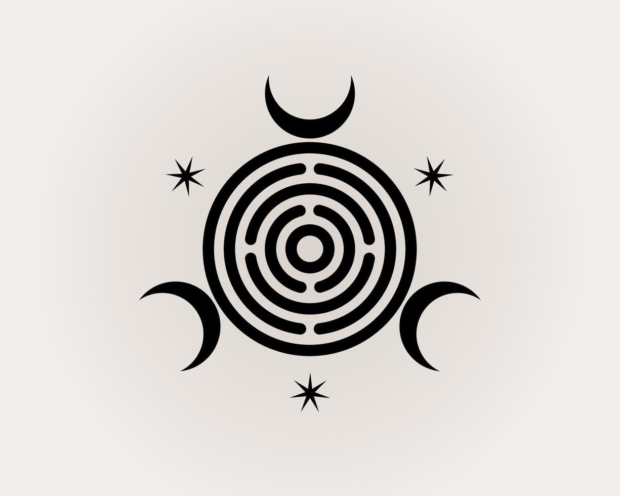 sagrado geometría, triple diosa de brujería espiritual greco romano. bruja wicca sigilo, místico laberinto, triple creciente luna, negro logo diseño vector aislado en blanco antecedentes