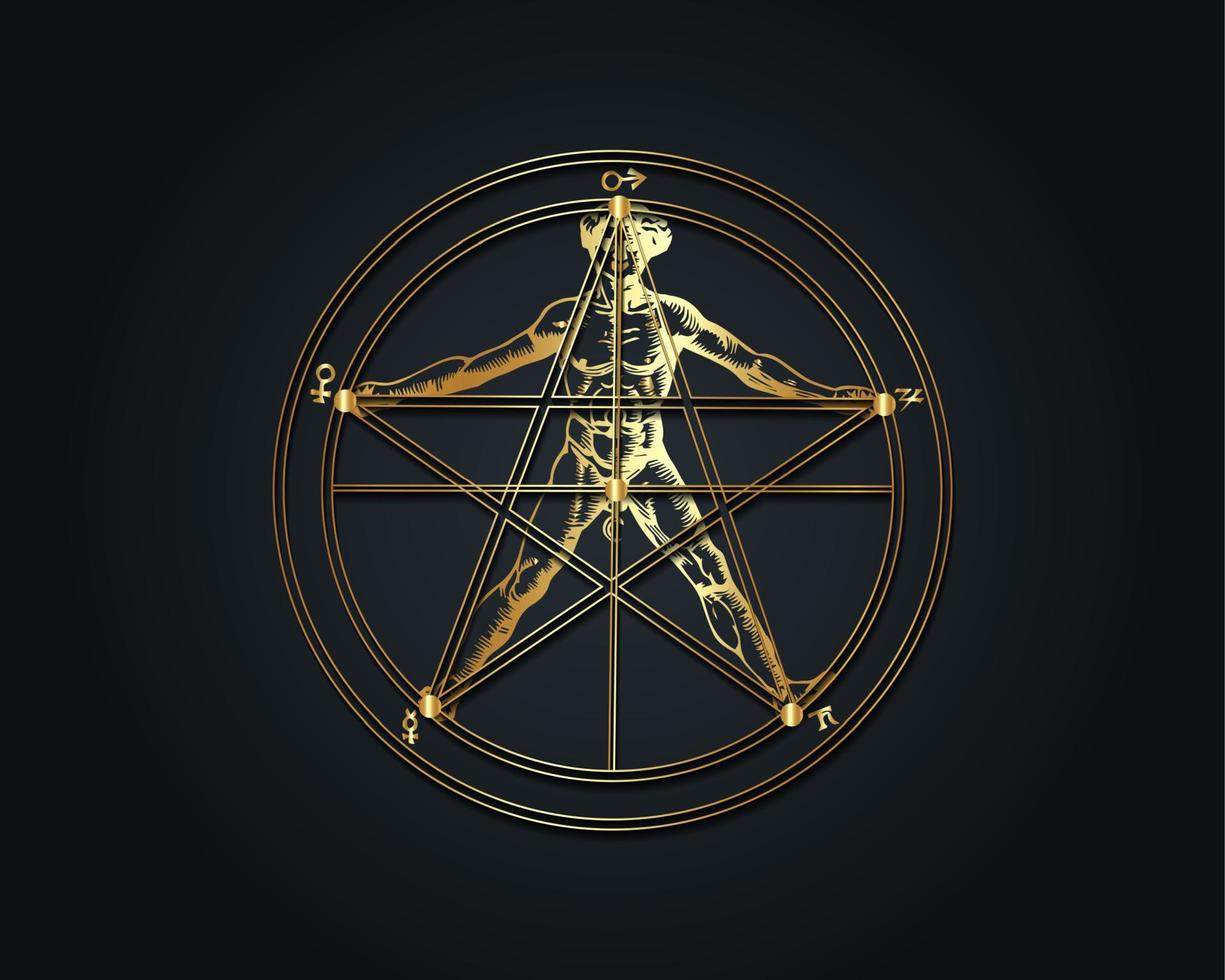 Gold Pentagram and human body, Agrippa, Symbols of the sun and moon are in center, while the other five classical planets are around the edge. Source of inspiration for The Vitruvian Man. Vector