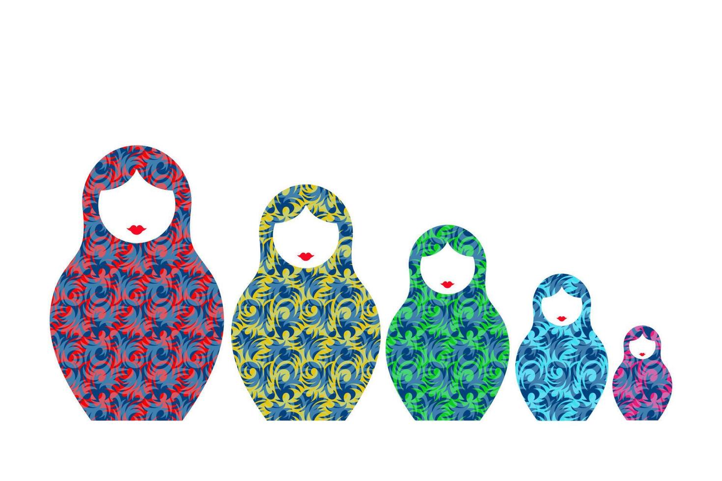 ruso anidamiento muñecas matrioska. babushka muñeca. matrioska conjunto familia con vistoso floral moderno ornamento, vector ilustración aislado o blanco antecedentes