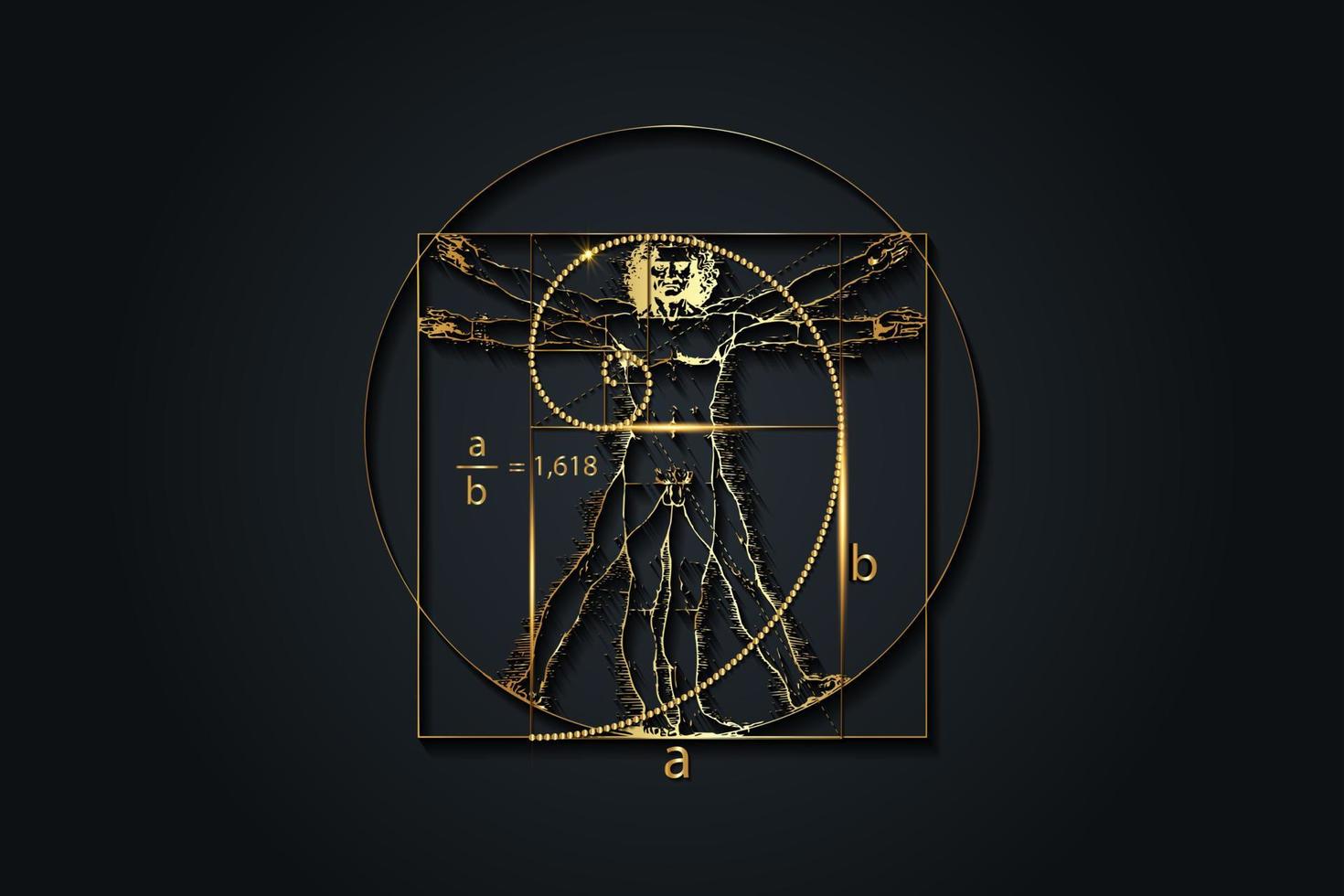 dorado relación. fibonacci secuencia número y vitruviano hombre por Leonardo da vinci - lujo oro textura, adivinar proporción, vector ilustración aislado en negro antecedentes