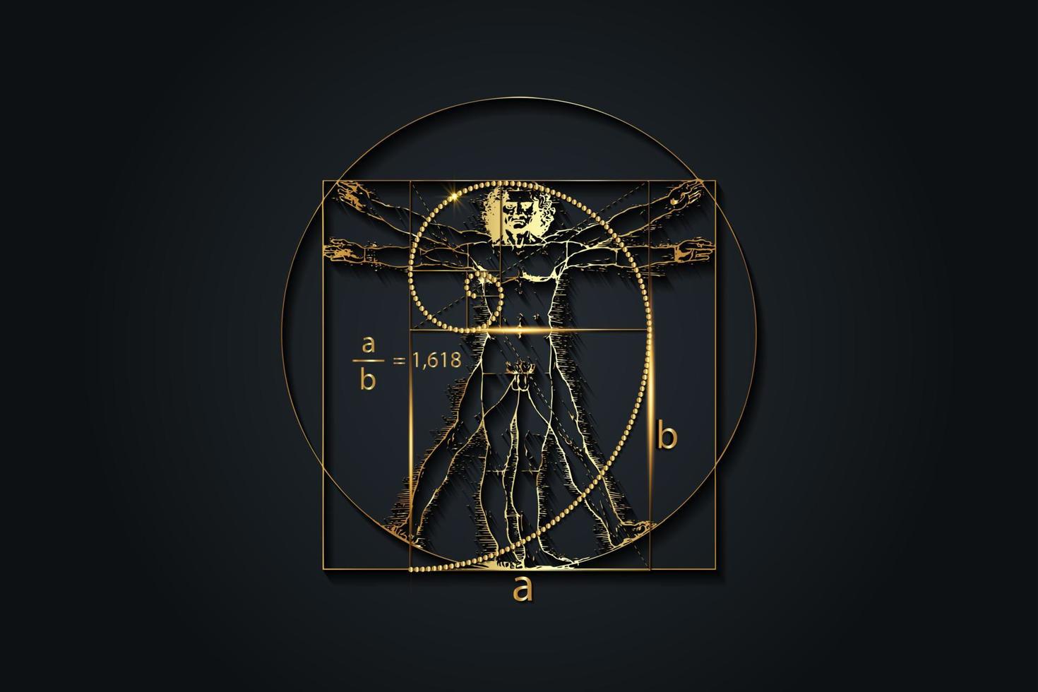 Golden ratio. Fibonacci Sequence number and Vitruvian Man by Leonardo Da Vinci - luxury gold texture, divine proportion, vector illustration isolated on black background