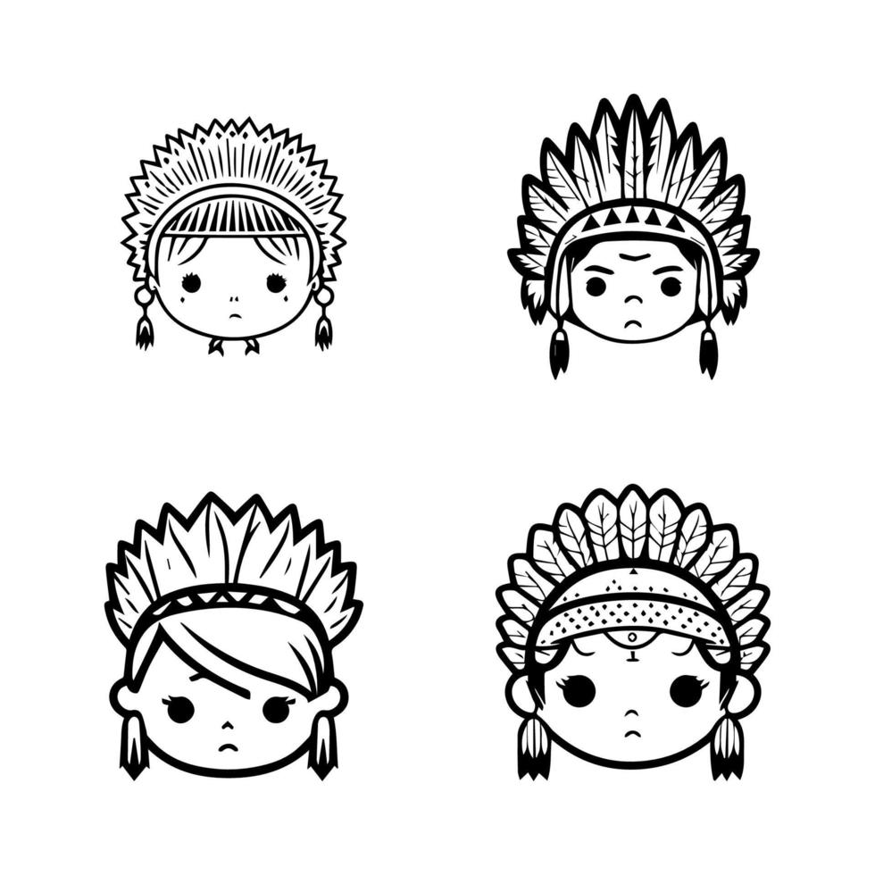 Our cute kawaii child head collection features Hand drawn illustrations of kids wearing Indian chief head accessories, perfect for adding some playful charm to your designs vector