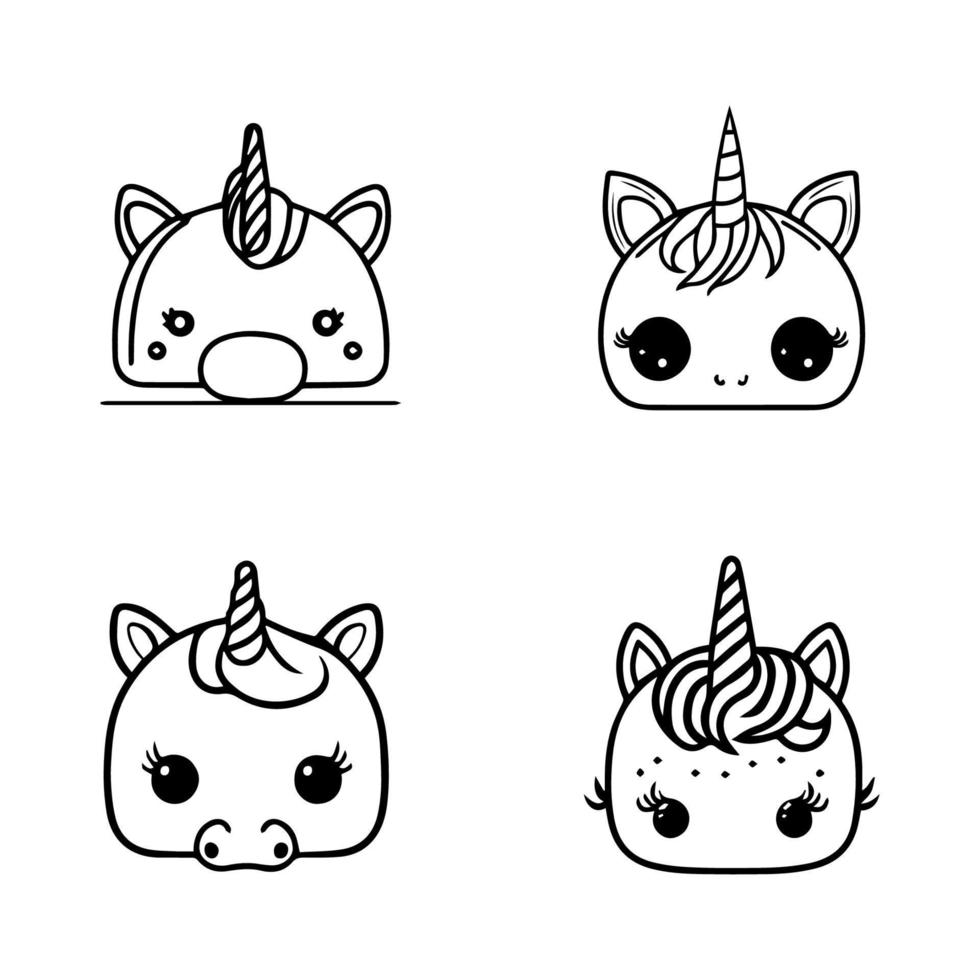 Collection of cute kawaii unicorns in various poses and expressions, Hand drawn with details and a whimsical style vector