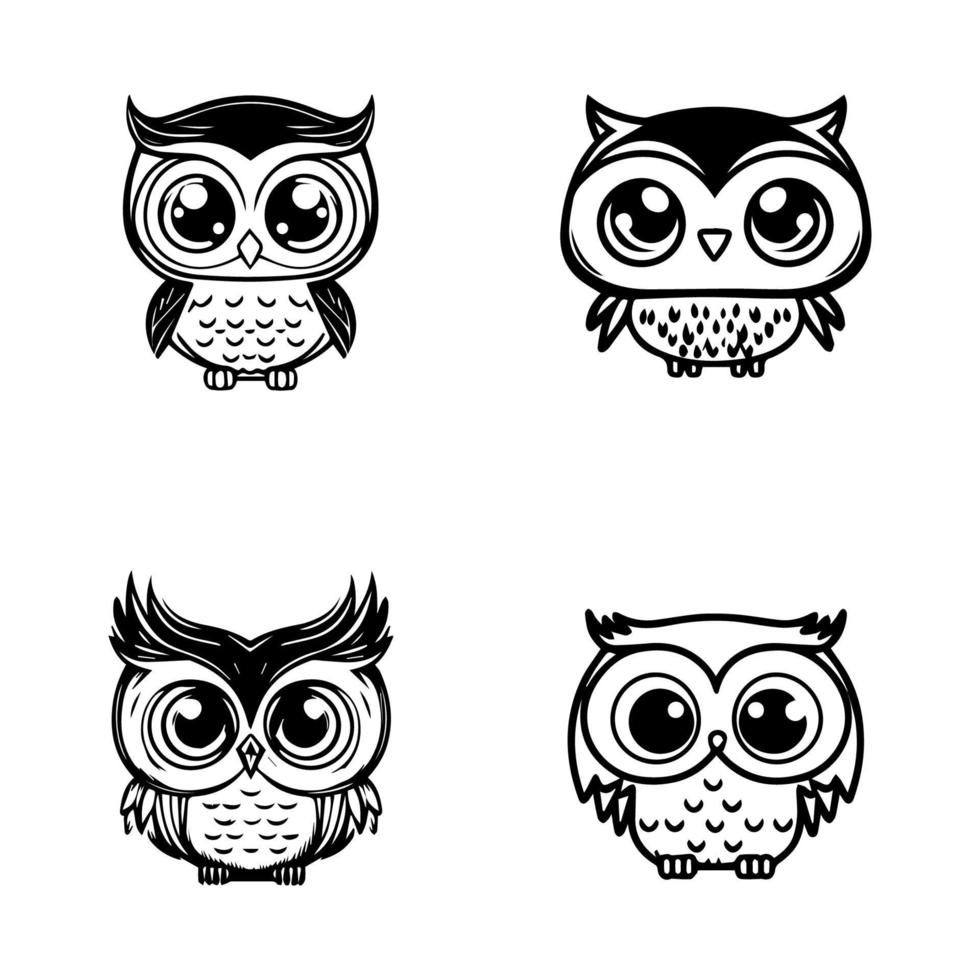A collection of cute and charming Hand drawn illustrations of kawaii owls, perfect for adding a touch of whimsy to any project or design vector