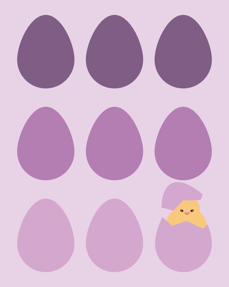 Minimalistic vector illustration of nine monochrome purple easter eggs and a chicken