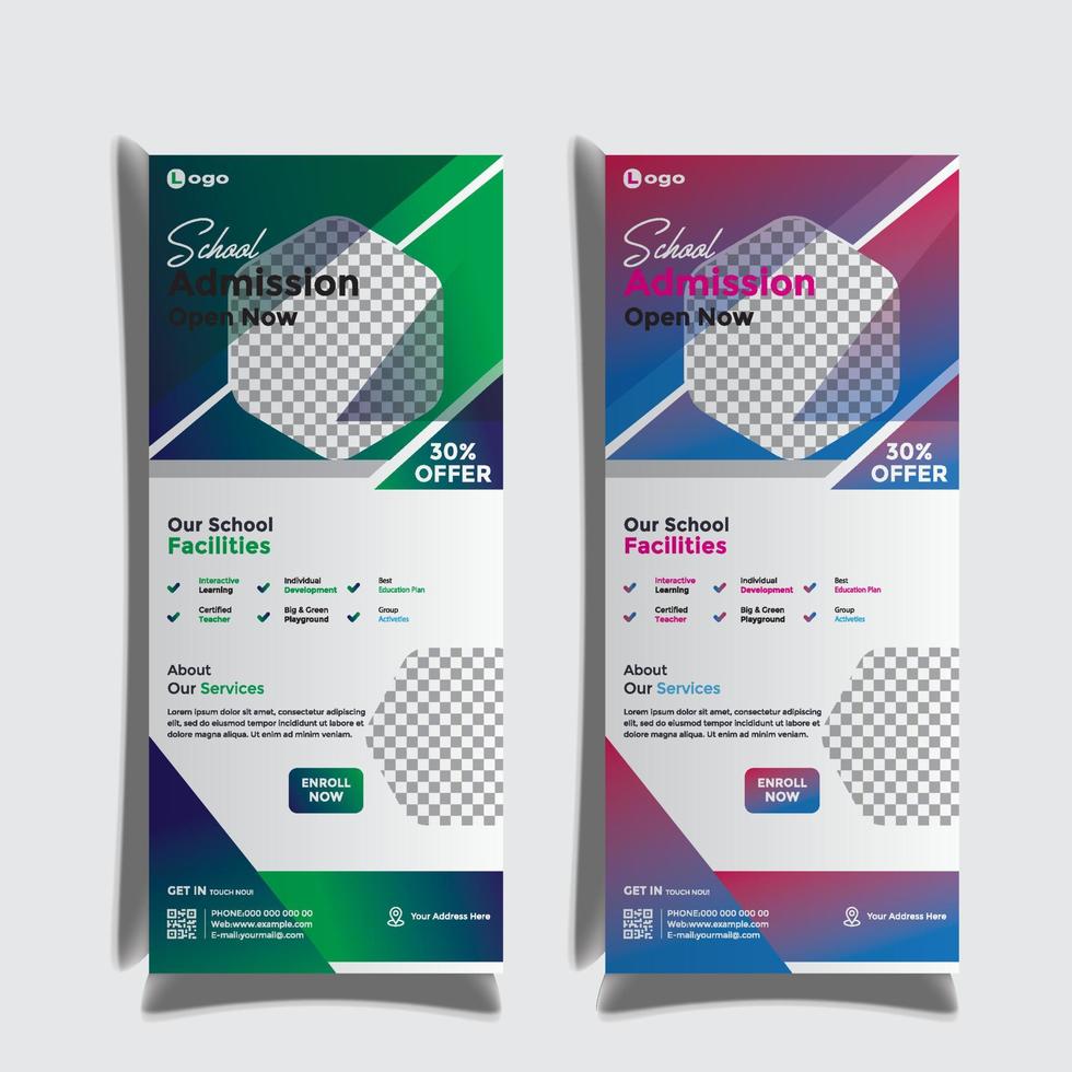 School admission ads roll up banner set design template. vector