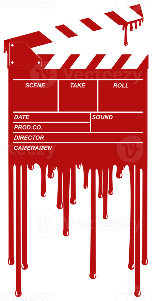 Silhouette of the Bloody Clapperboard Sign for Film or Movie Icon Symbol with Genre Horror, Thriller, Gore, Sadistic, Splatter, Slasher, Mystery, Scary or Halloween Poster Film Movie. Format PNG