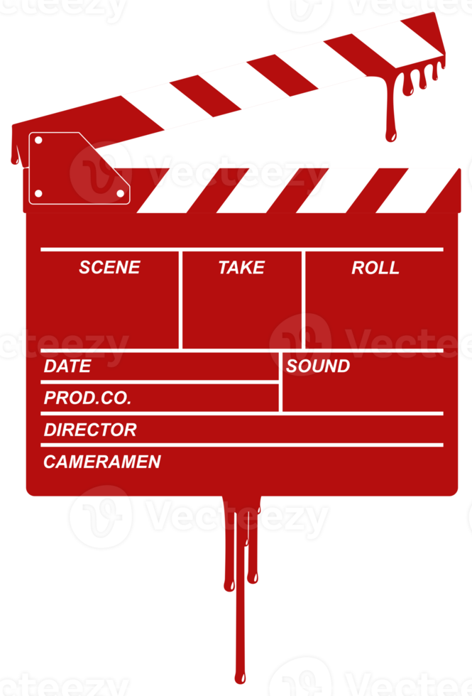 Silhouette of the Bloody Clapperboard Sign for Film or Movie Icon Symbol with Genre Horror, Thriller, Gore, Sadistic, Splatter, Slasher, Mystery, Scary or Halloween Poster Film Movie. Format PNG
