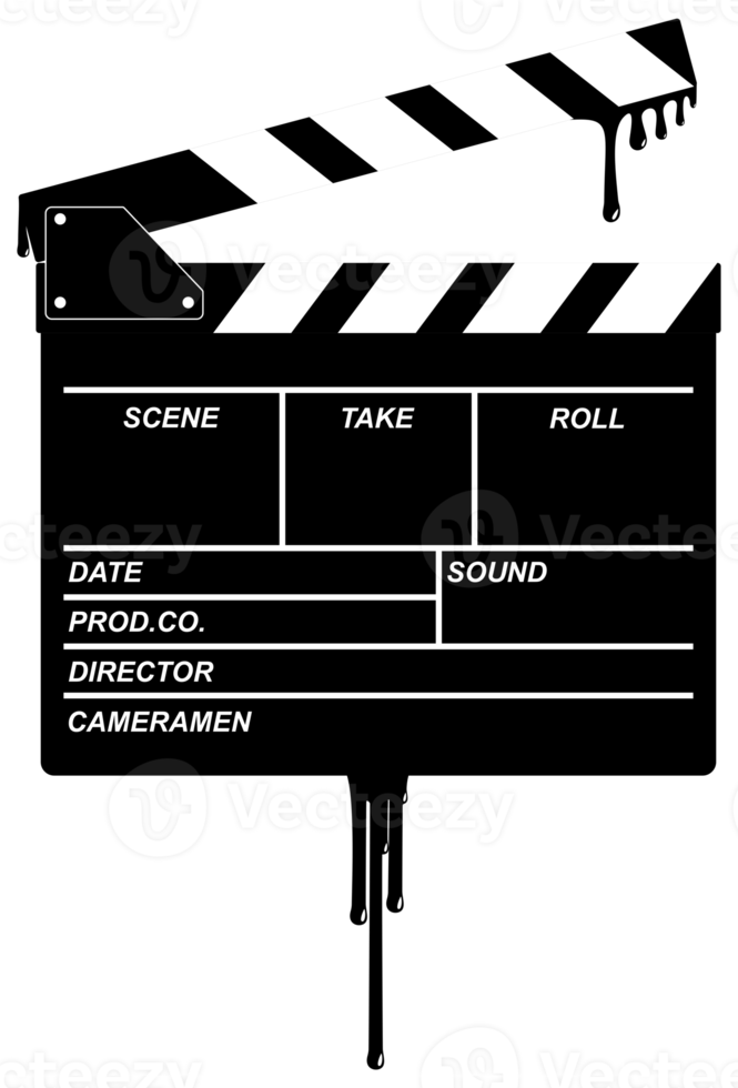 Silhouette of the Bloody Clapperboard Sign for Film or Movie Icon Symbol with Genre Horror, Thriller, Gore, Sadistic, Splatter, Slasher, Mystery, Scary or Halloween Poster Film Movie. Format PNG